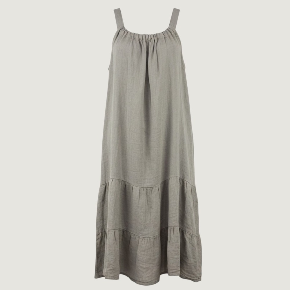 Bellambra Tiered Linen Dress Womens XL Taupe Gray Sleeveless Back Tie Italy